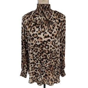 Chicos Blouse Top O Brown Leopard Smocked Neck Cuffs Excellent